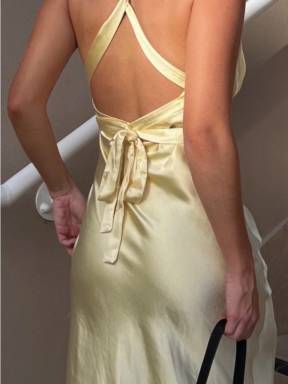Billy J Butter Yellow Satin Cowl Neck Maxi Dress with Thigh Slit - Picture 3 of 5